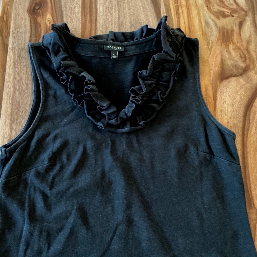 Talbots Petites Black Ruffle Neck Sleeveless Knit Shift Dress SP 100% Cotton - Picture 9 of 13